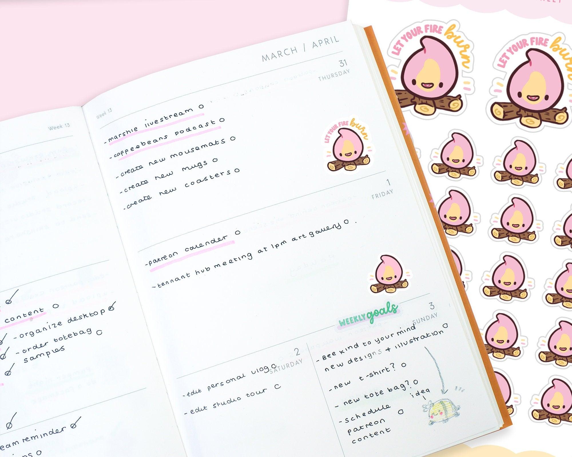 Little Campfire Planner Sticker Sheet | Kawaii Motivational Planner Stickers | CAMP001 Katnipp character product