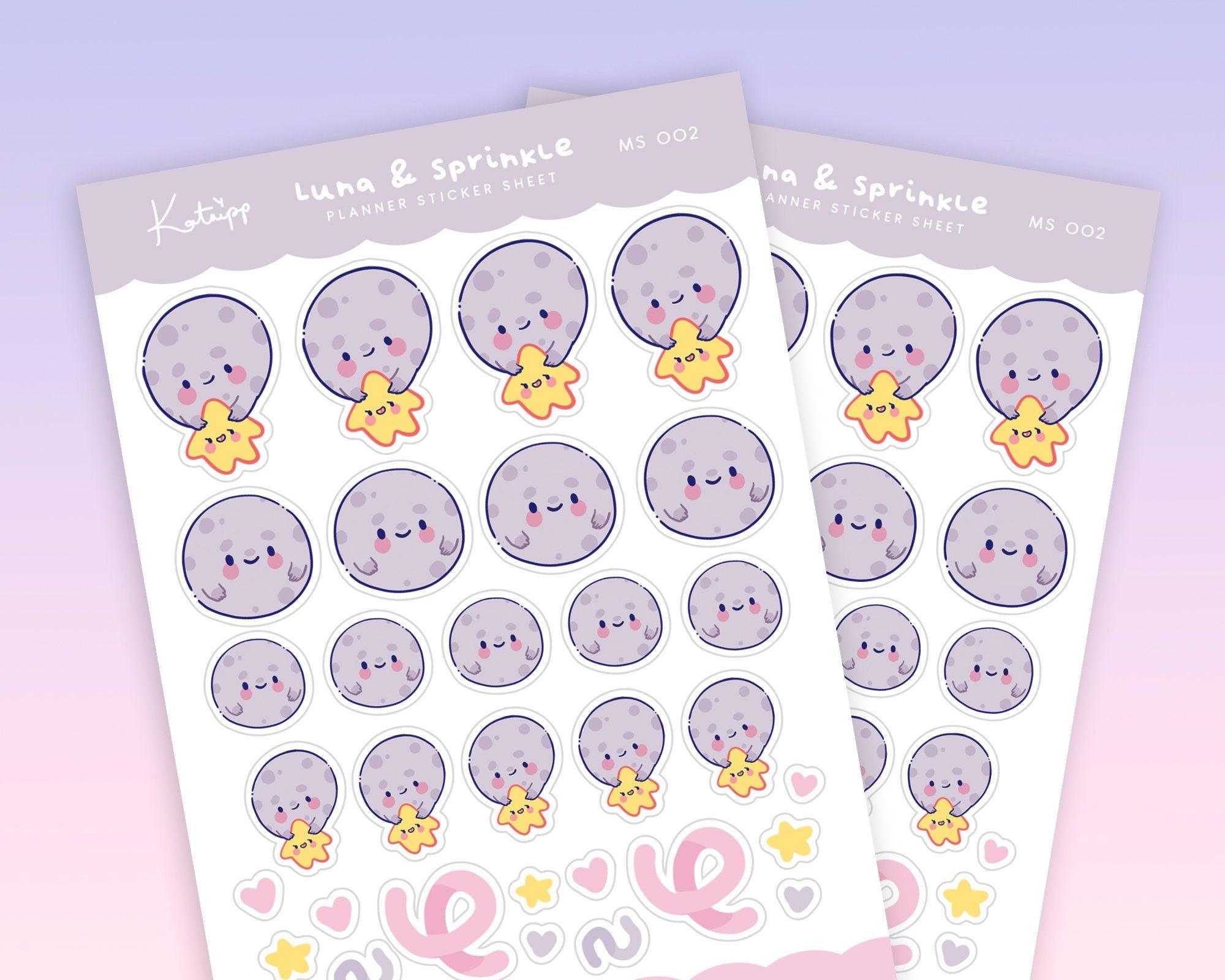Luna & Sprinkle Moon & Star Stickers | Kawaii Pastel Planner & Bullet Journal Stickers | MS002 Katnipp character product