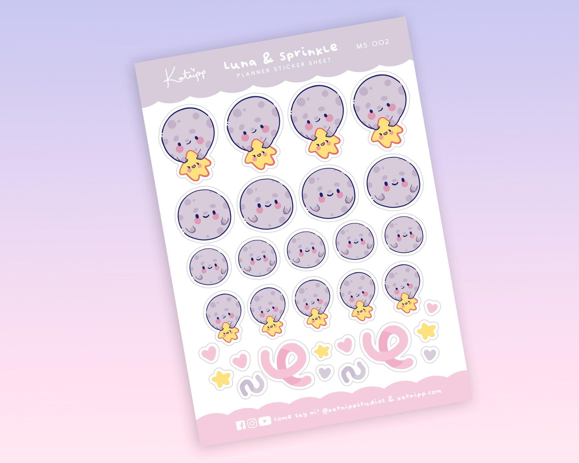 Luna & Sprinkle Moon & Star Stickers | Kawaii Pastel Planner & Bullet Journal Stickers | MS002 Katnipp character product