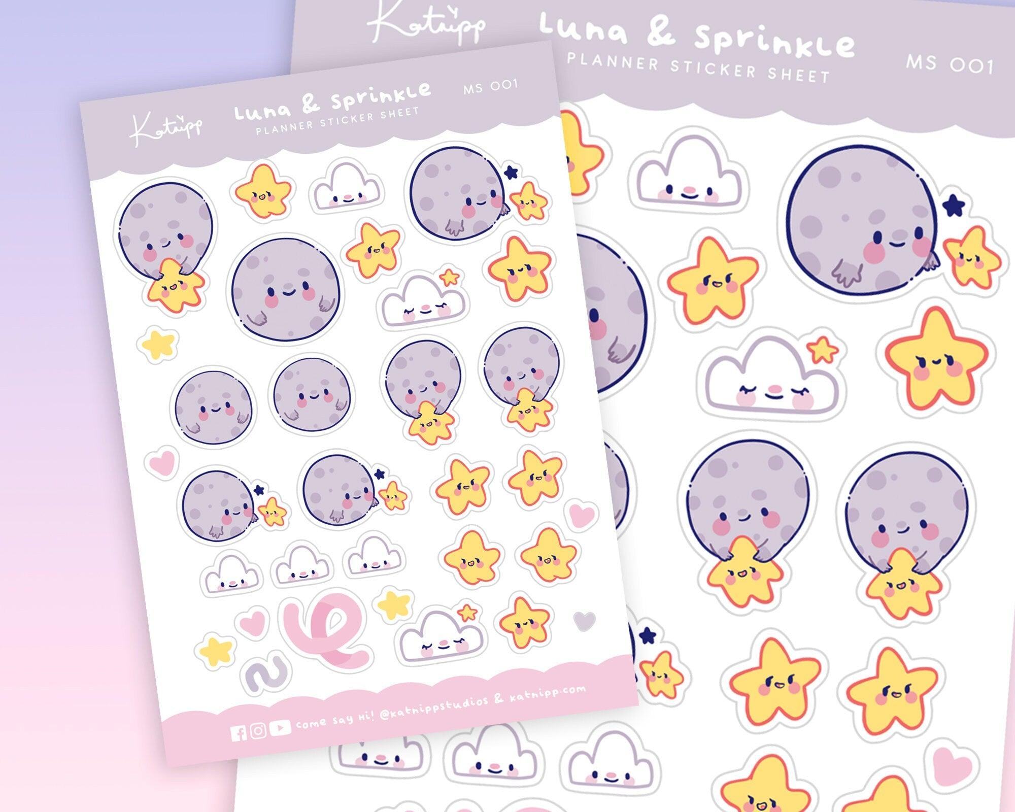 Luna & Sprinkle Planner Stickers | Kawaii Moon & Star Stickers | A6 Pastel Stationery | MS001 Katnipp character product