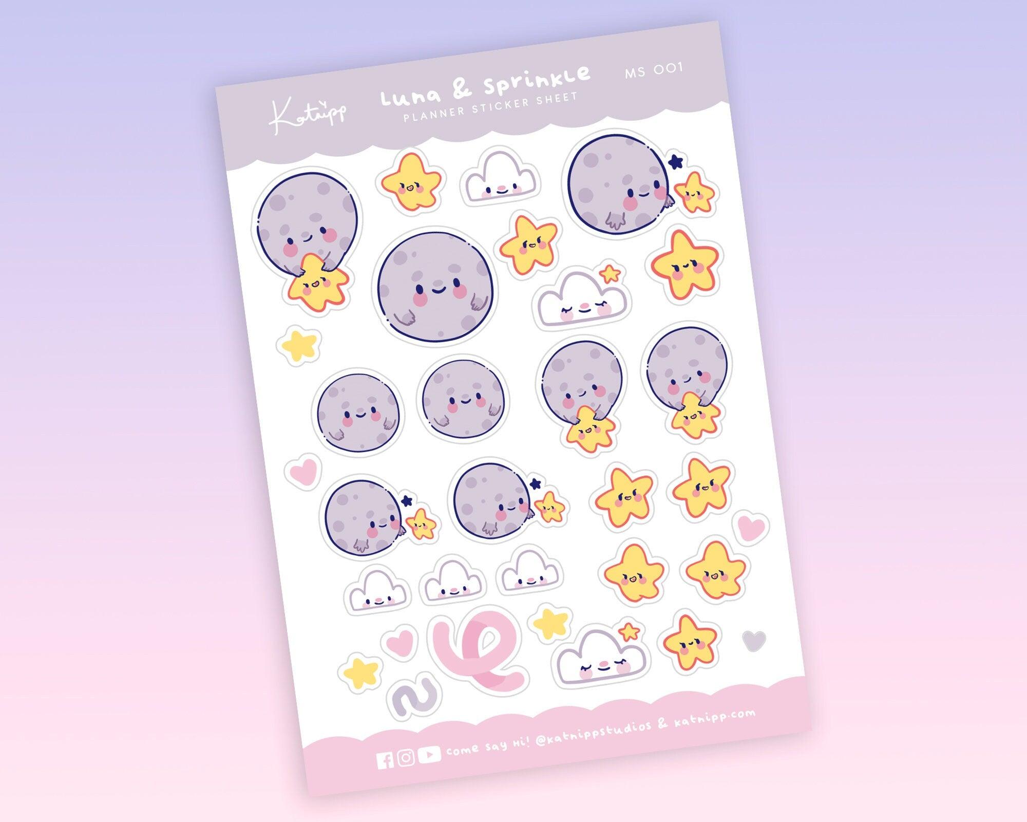 Luna & Sprinkle Planner Stickers | Kawaii Moon & Star Stickers | A6 Pastel Stationery | MS001 Katnipp character product