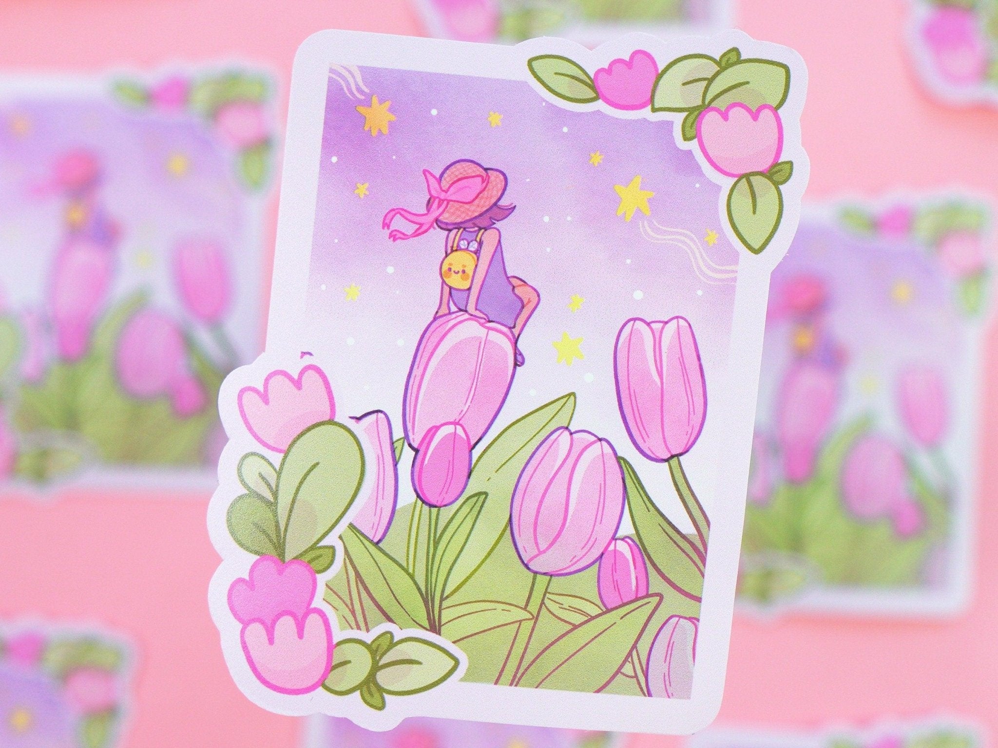 Magic Tulip Girl Die Cut Vinyl Sticker | Whimsical Floral Kawaii Sticker Katnipp character product