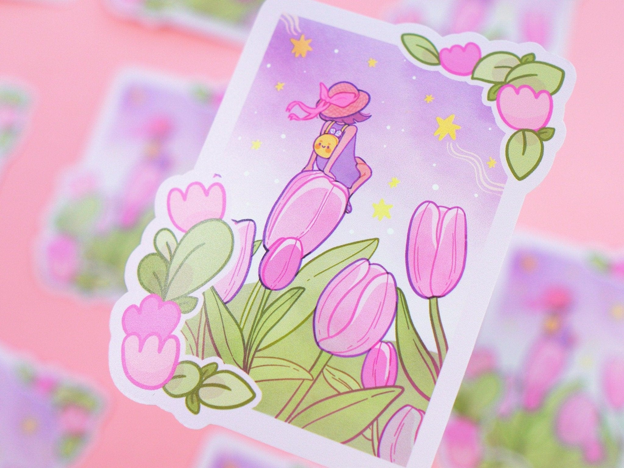 Magic Tulip Girl Die Cut Vinyl Sticker | Whimsical Floral Kawaii Sticker Katnipp character product