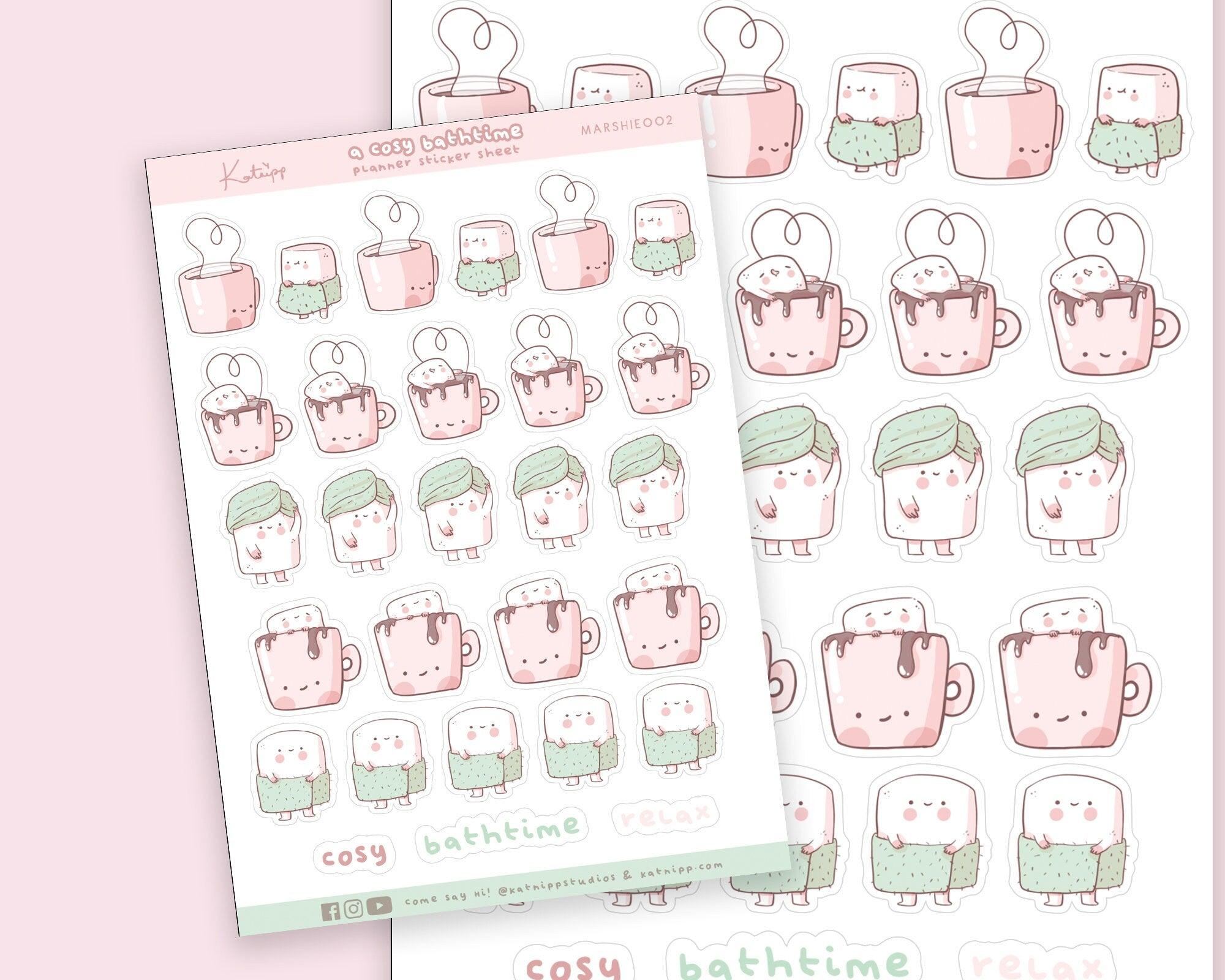 Marshie Cosy Bath Time Sticker Sheet | Kawaii Self Care Planner Stickers A6 | MARSHIE002 Katnipp character product