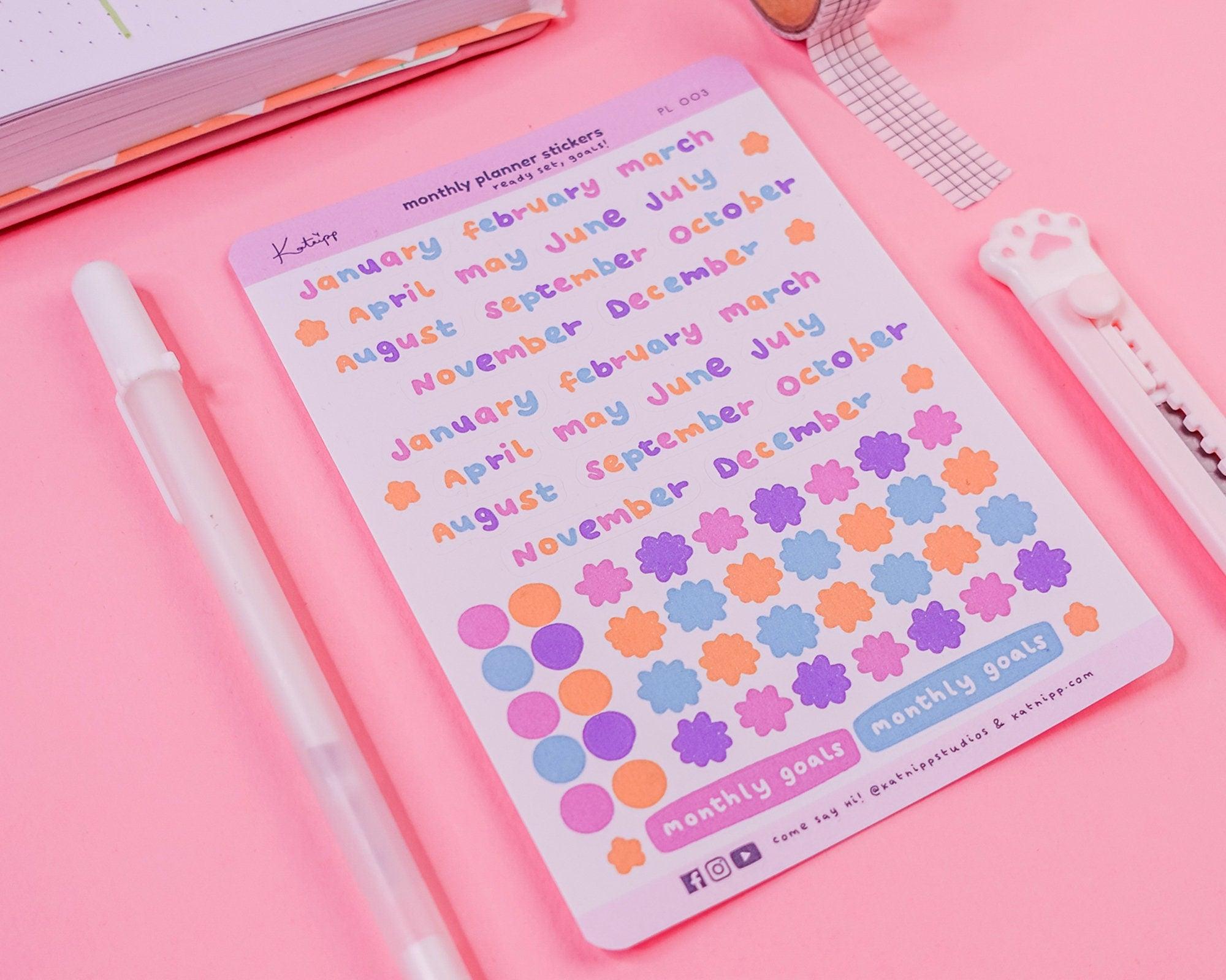 Monthly Planner Stickers | Pastel Bullet Journal Stickers | PL003 Katnipp character product