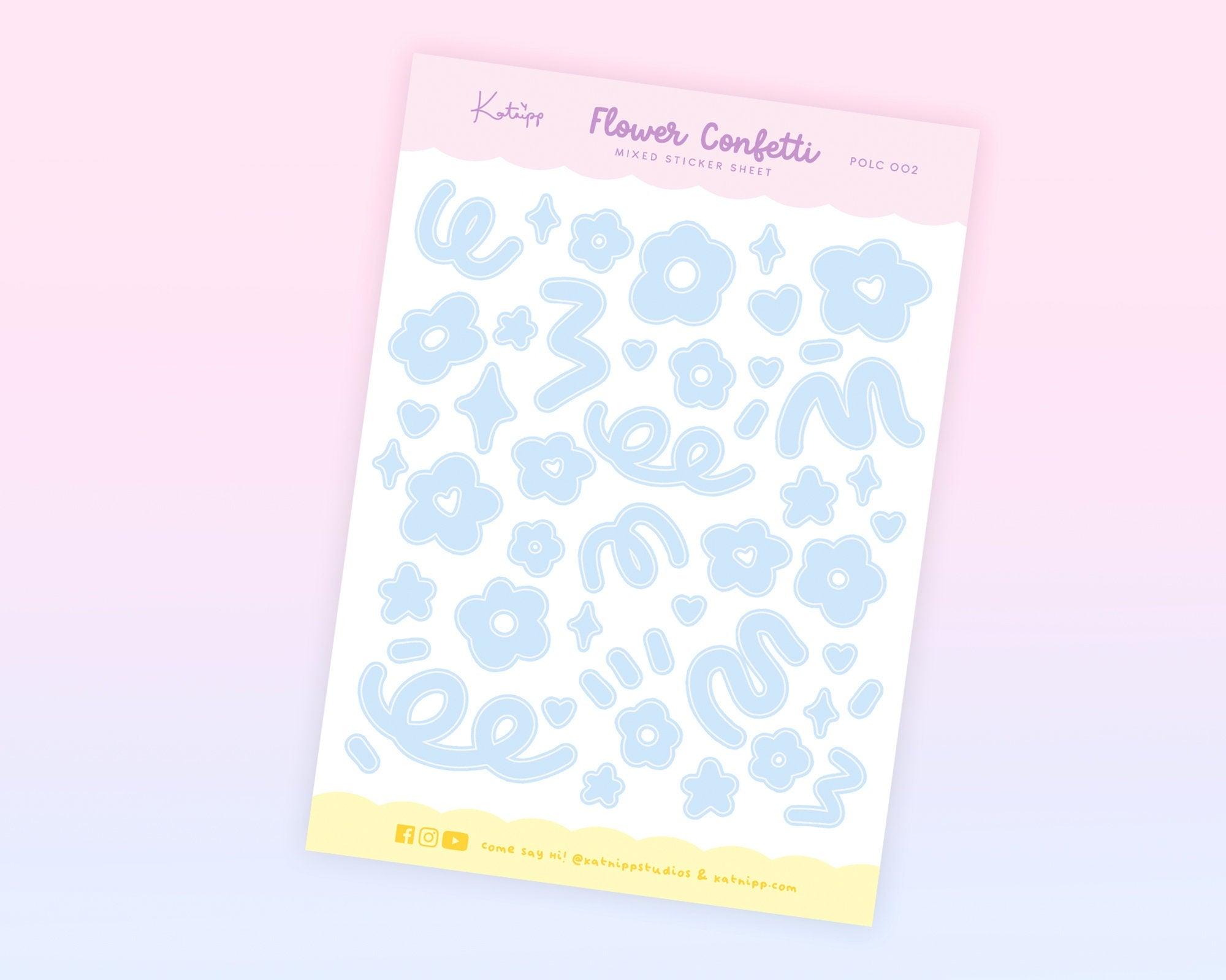 Pastel Blue Flower Confetti Sticker Sheet | Polco Deco Planner Stickers for Journals | POLC 002 Katnipp character product