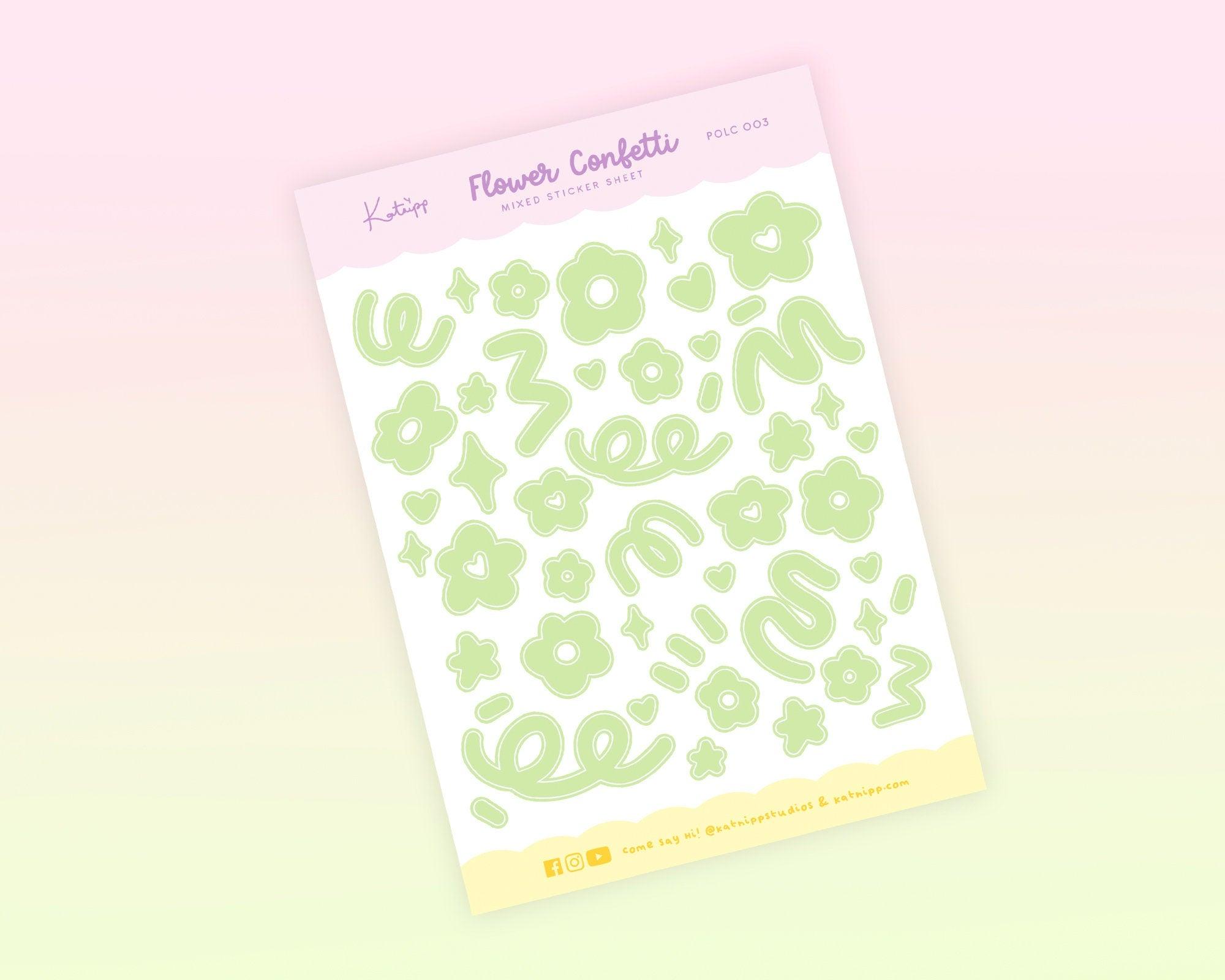 Pastel Green Flower Confetti Sticker Sheet | Kawaii Polco Planner Stickers | POLC003 Katnipp character product
