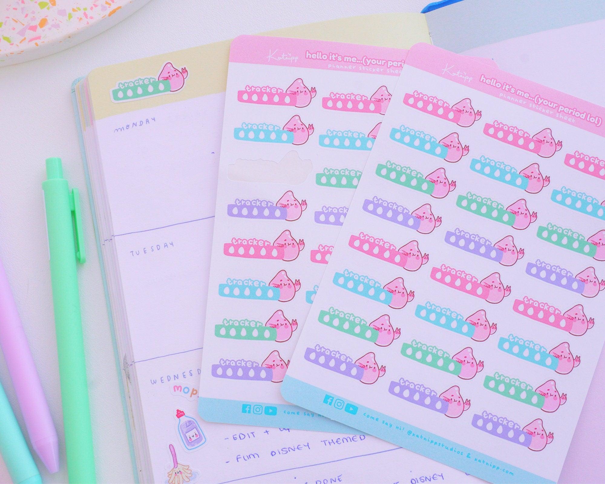 Period Tracker Bar Planner Sticker Sheet | Kawaii Monthly Cycle Tracker Stickers A6 | PERIOD002 Katnipp character product