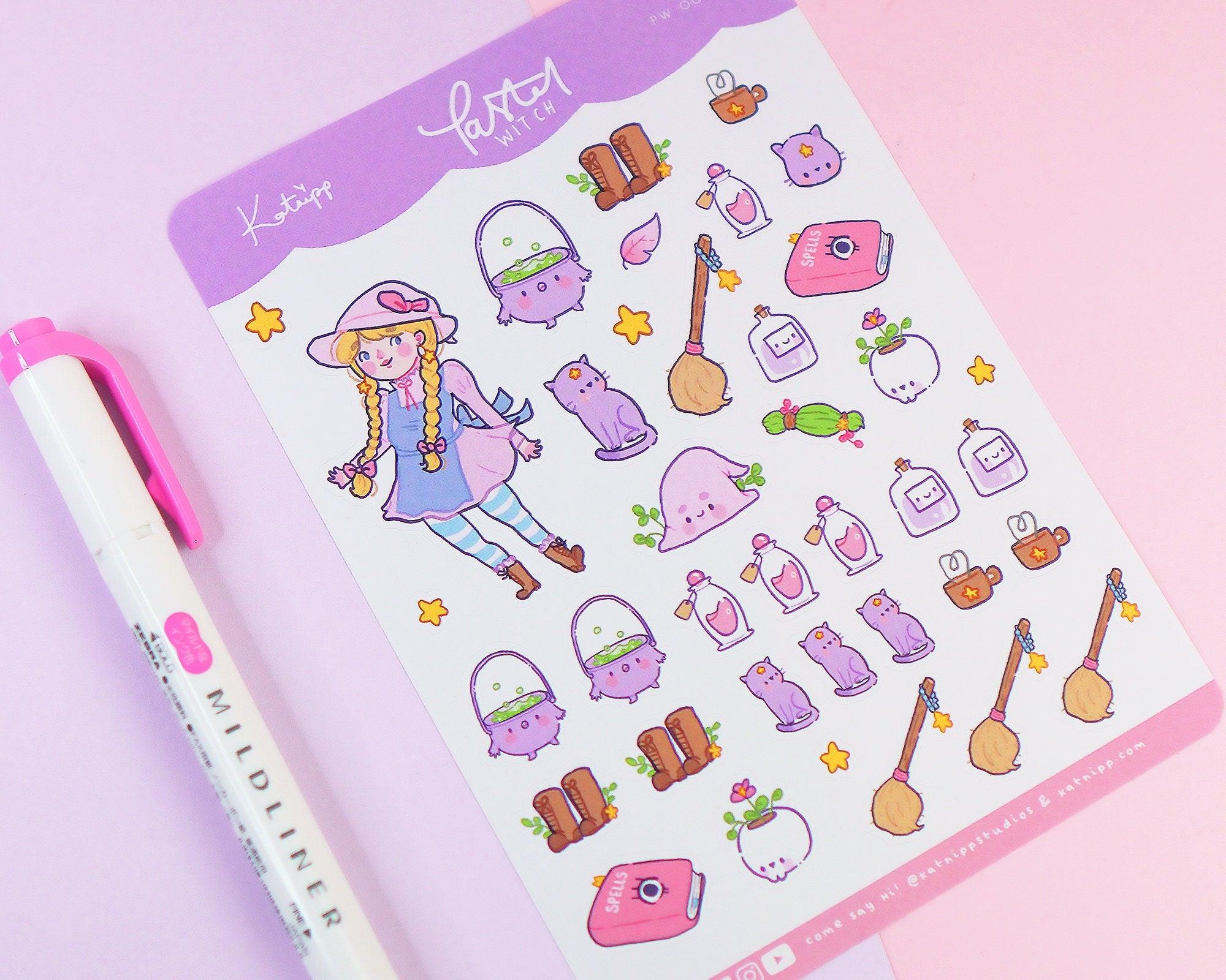 Primrose Pastel Witch A6 Sticker Sheet | Kawaii Witch Planner Stickers | PW001 Katnipp character product