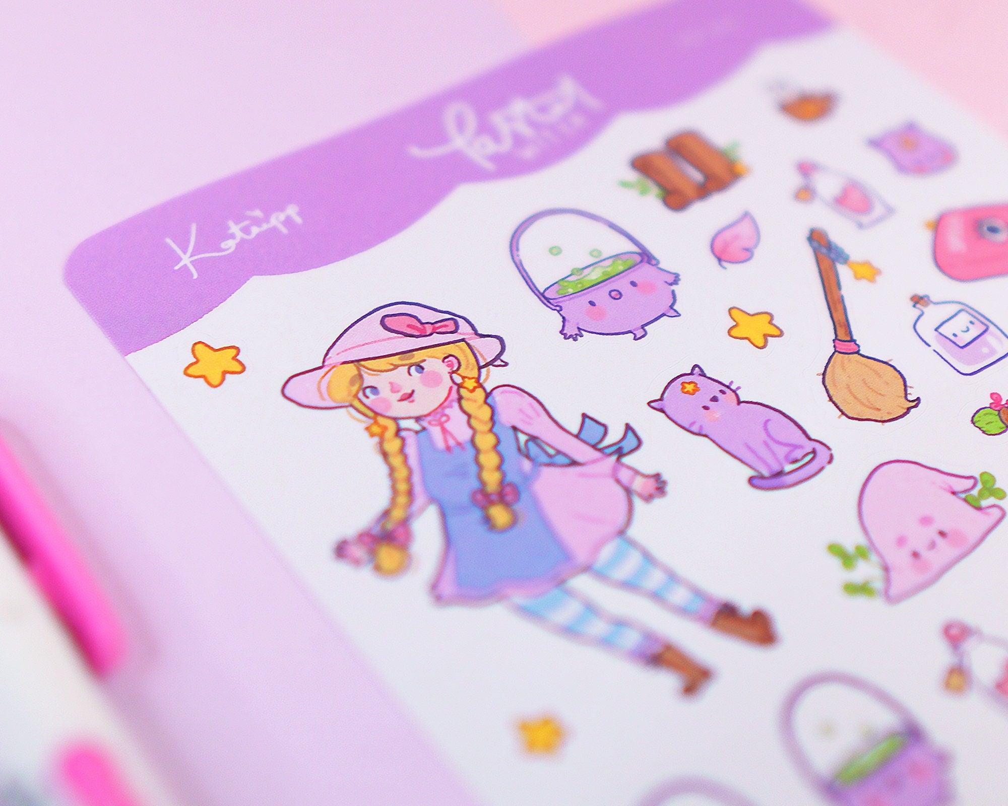 Primrose Pastel Witch A6 Sticker Sheet | Kawaii Witch Planner Stickers | PW001 Katnipp character product