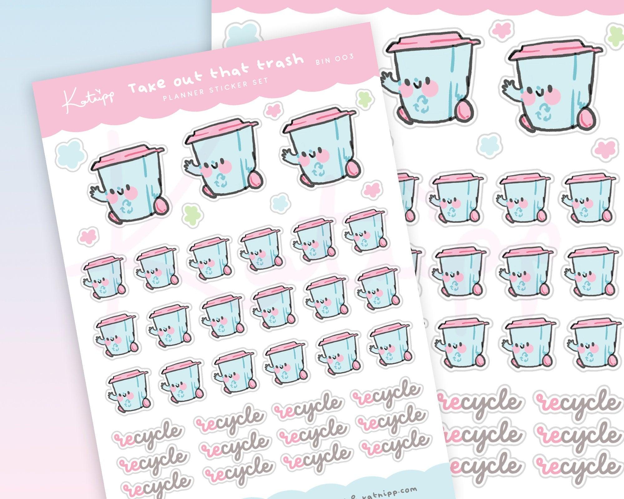 Recycle Day Kawaii Planner Sticker Sheet | Cute Recycling Reminder Stickers A6 | BIN003 Katnipp character product