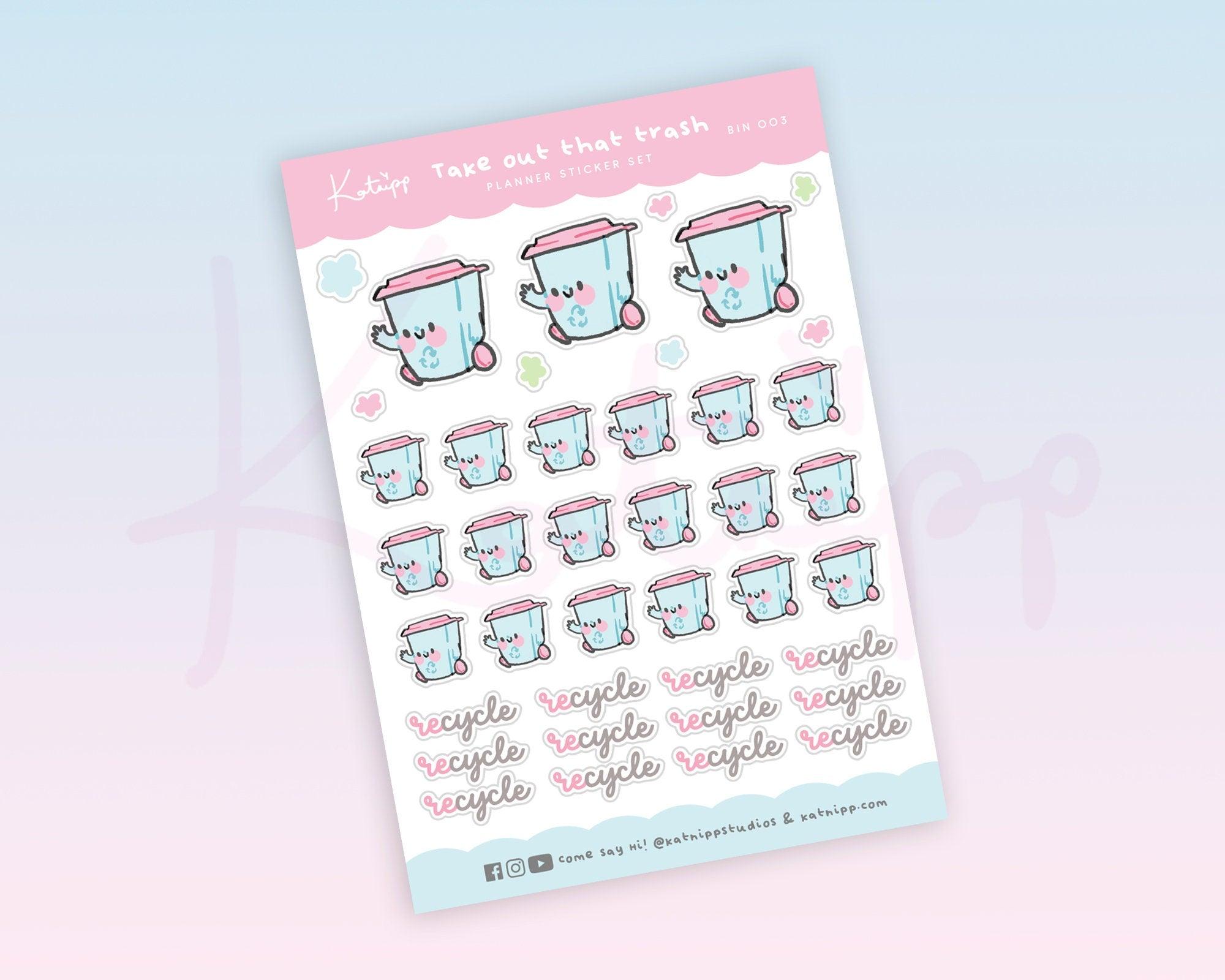 Recycle Day Kawaii Planner Sticker Sheet | Cute Recycling Reminder Stickers A6 | BIN003 Katnipp character product