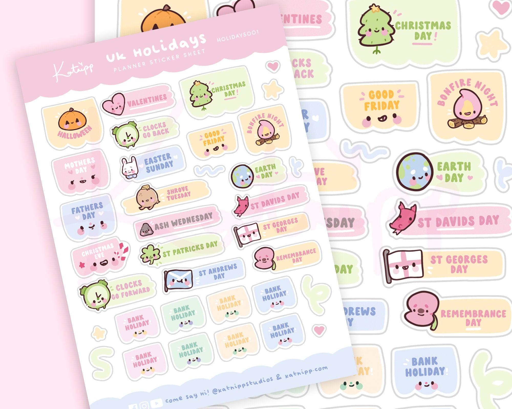 UK Holiday Calendar Planner Sticker Sheet ~ HOLIDAYS001 - Katnipp Illustrations