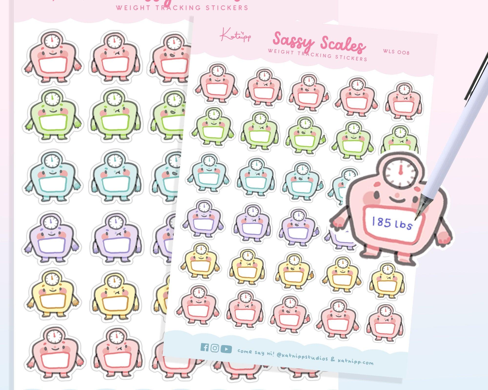 Weight Tracking Planner Sticker Sheet | Kawaii Scale Stickers for Weight Loss, Wellness & Bariatric Journals | WLS 008 Katnipp character product