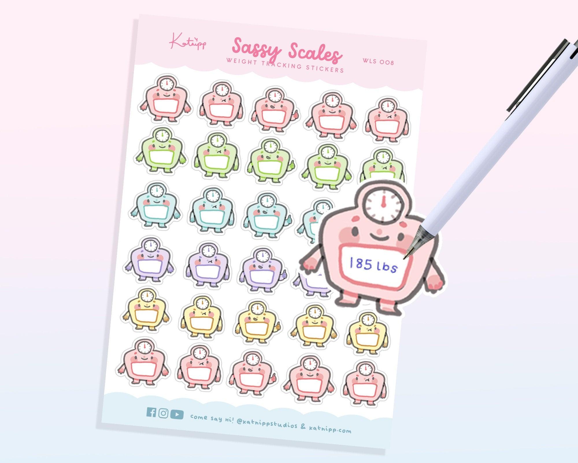 Weight Tracking Planner Sticker Sheet | Kawaii Scale Stickers for Weight Loss, Wellness & Bariatric Journals | WLS 008 Katnipp character product