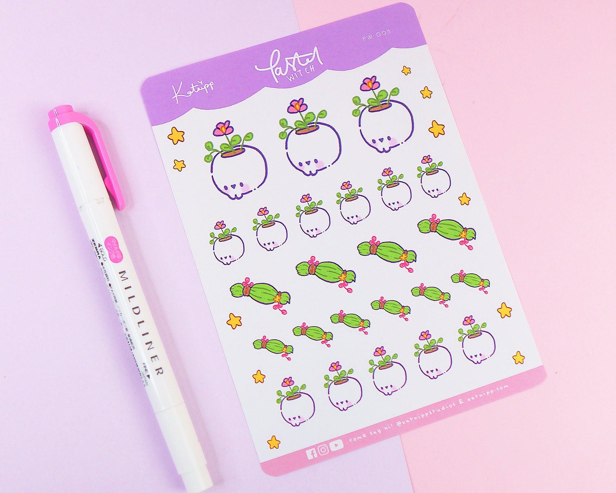 Witchy Botanical A6 Sticker Sheet | Kawaii Skull Planner Stickers | PW003 Katnipp character product