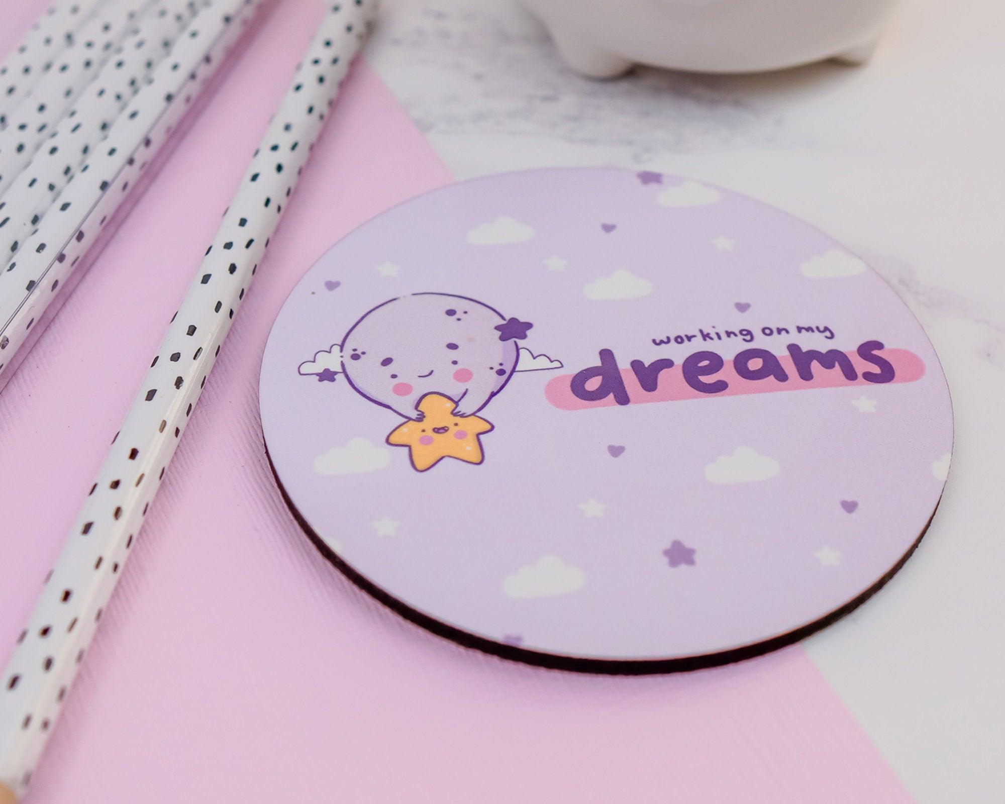 Working on my Dreams ~ Kawaii Moon Coaster - Katnipp Illustrations