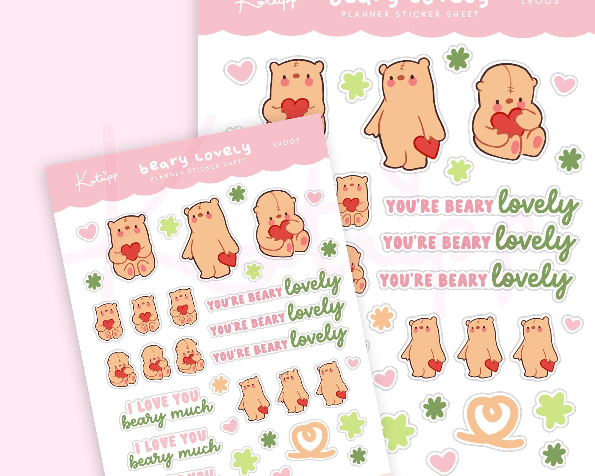 You're Bearly Lovely, Love, Valentines, Love Gift Planner Stickers ~ LV003 - Katnipp Illustrations